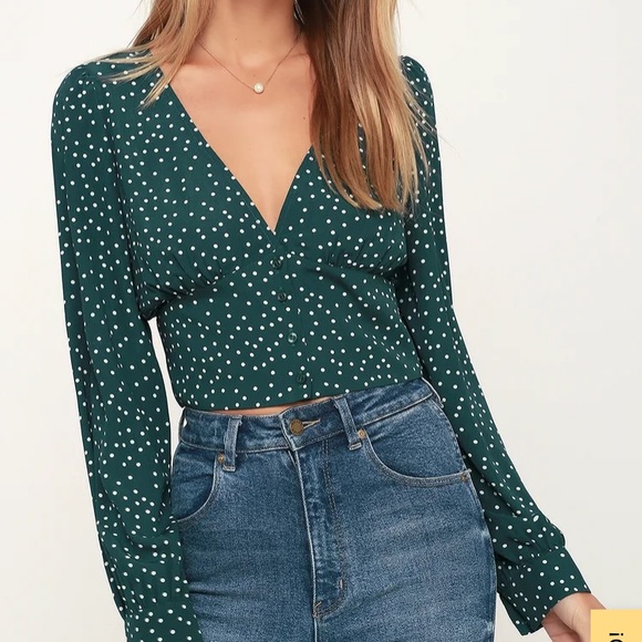 Lulu’s Always Forest Green Polka Dot Crop Top - Picture 1 of 12